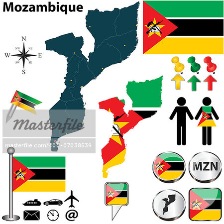 Vector of Mozambique set with detailed country shape with region borders, flags and icons