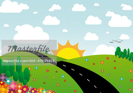 Illustration of sunny day landscape with flowers, trees and clouds