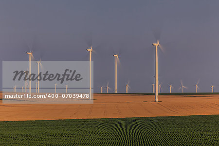 wind power turbines on a hill in morning