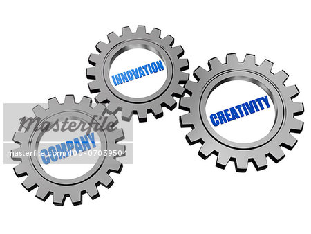 company, innovation, creativity - business concept words in 3d silver grey gearwheels