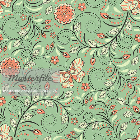 Vector illustration of seamless pattern with abstract flowers and butterflies.Floral background. It can be used for web page background,surface textures,textile industry and others.
