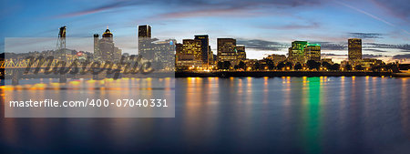 Portland Oregon Downtown Waterfront City Skyline with Hawthorne Bridge at Blue Hour Panorama