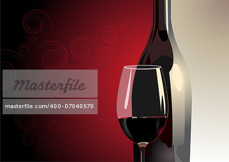 Illustration of a close up view of a glass of red wine with a bottle behind it on a two tone background in grey and red with a highlight and copyspace