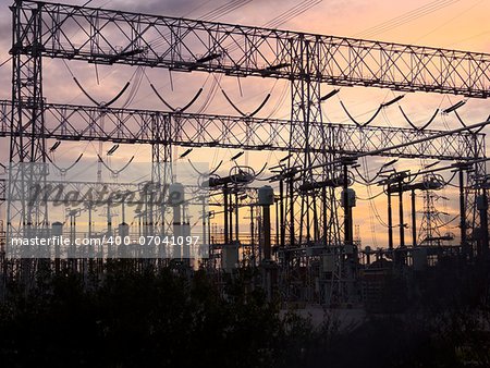 typical power lines, pylon and electrical substation