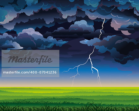 Summer landscape with green field, lightning and stormy sky.