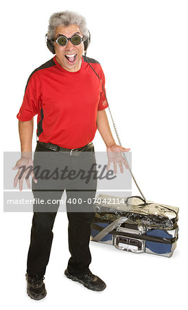 Excited Black man with old portable tape deck and headphones