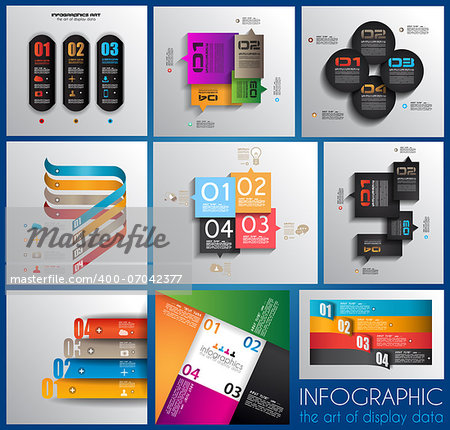 Infographic design templates collection with paper tags. Idea to display information, ranking and statistics with orginal and modern style. 9 pieces.