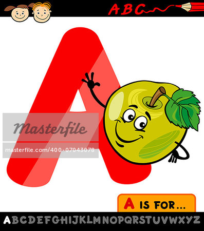 Cartoon Illustration of Capital Letter A from Alphabet with Apple Fruit for Children Education