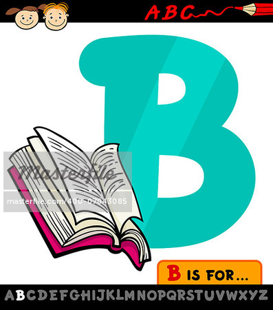 Cartoon Illustration of Capital Letter B from Alphabet with Book for Children Education