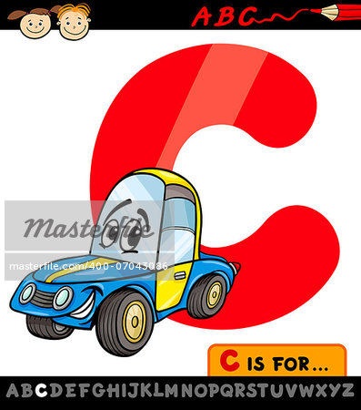 Cartoon Illustration of Capital Letter C from Alphabet with Car for Children Education