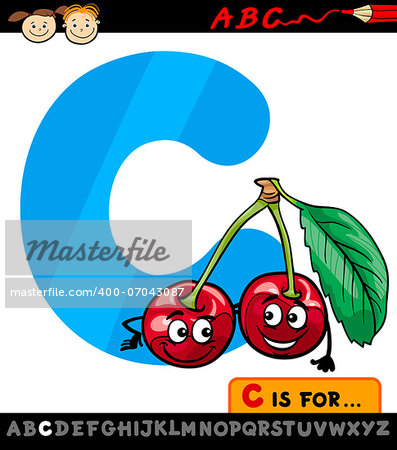 Cartoon Illustration of Capital Letter C from Alphabet with Cherry Fruit for Children Education