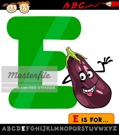 Cartoon Illustration of Capital Letter E from Alphabet with Eggplant for Children Education