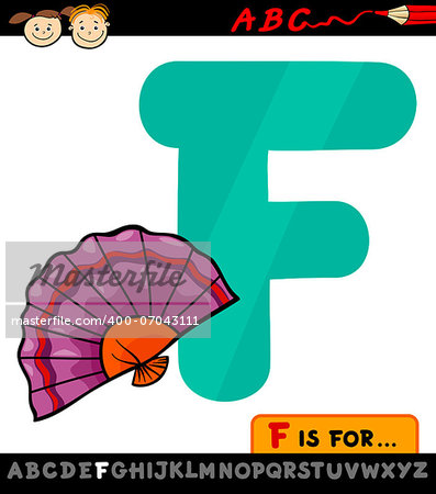 Cartoon Illustration of Capital Letter F from Alphabet with Fan for Children Education