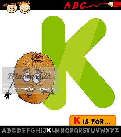 Cartoon Illustration of Capital Letter K from Alphabet with Kiwi for Children Education