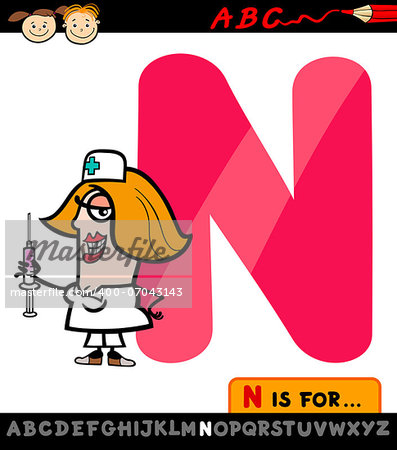 Cartoon Illustration of Capital Letter N from Alphabet with Nurse for Children Education