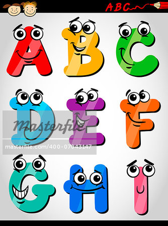 Cartoon Illustration of Funny Capital Letters Alphabet from A to I for Children Education