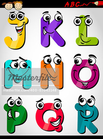 Cartoon Illustration of Funny Capital Letters Alphabet from J to R for Children Education