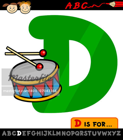 Cartoon Illustration of Capital Letter D from Alphabet with Drum for Children Education