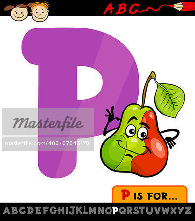 Cartoon Illustration of Capital Letter P from Alphabet with Pear for Children Education