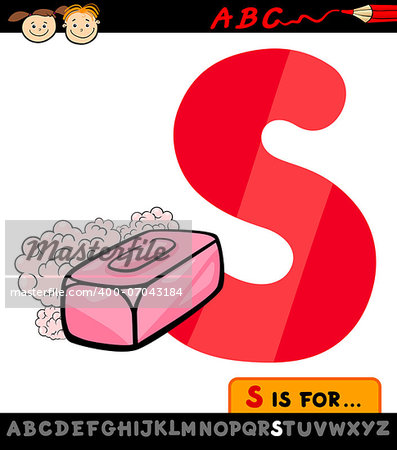Cartoon Illustration of Capital Letter S from Alphabet with Soap for Children Education