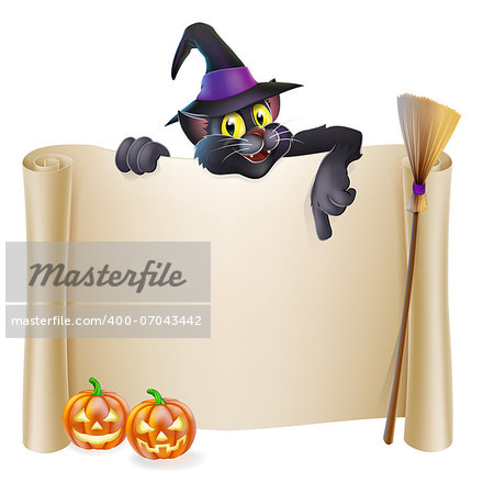 A Halloween scroll sign with a cat character above the banner, pumpkins and witch's hat and broomstick