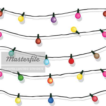 Seamless string of Christmas lights on garland vector background  isolated on white