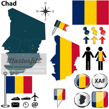 Vector of Chad set with detailed country shape with region borders, flags and icons