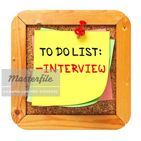 Interview Concept. Yellow Sticker on Cork Bulletin or Message Board. Business Concept. 3D Render.