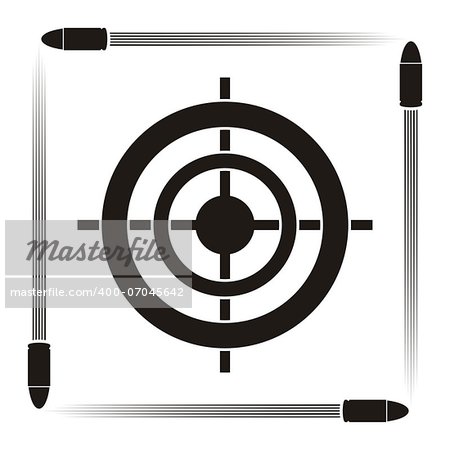 Target practice symbol with target and flying bullets on striped background