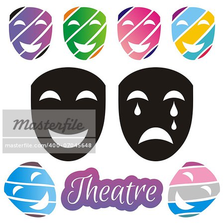 Set of black and colorful theatrical mask on white background