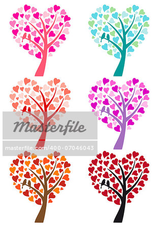 heart tree with cute bird for wedding invitation, vector set