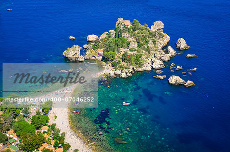 Aerial view of Isola Bella beach in Taormina, Sicily, Italy