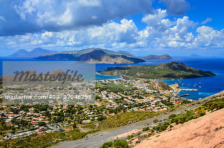 Landscape view of Lipari islands taken from Volcano island, Sicily, Italy