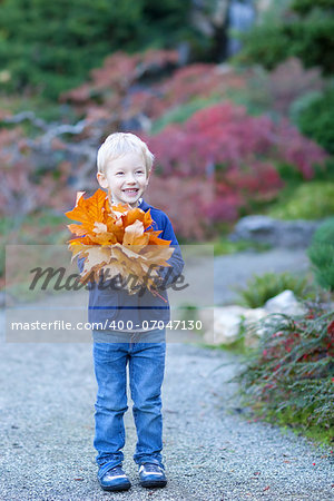 happy smiling boy holding golden autumn leaves