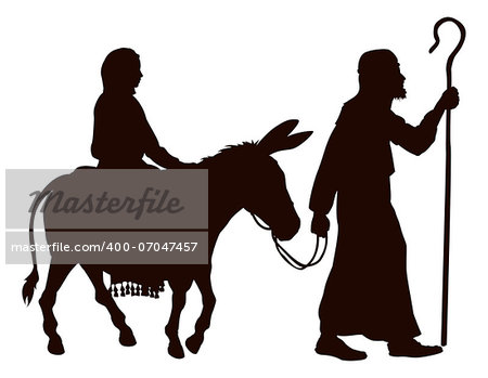 Silhouette illustrations of Mary and Joseph journeying with a donkey looking for a place to stay on Christmas Eve.