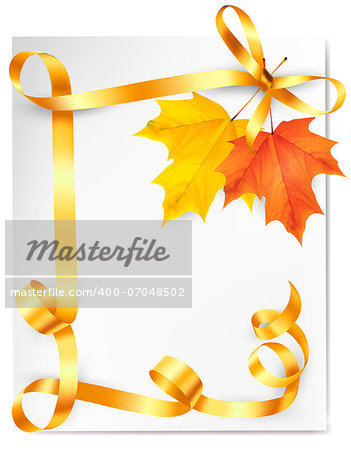 Autumn background with colorful leaves and gold ribbons. Back to school. Vector illustration