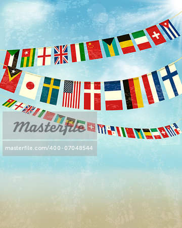 Vintage background with world bunting flags. Vector illustration
