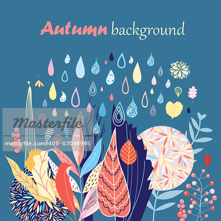 beautiful autumn background with different colored leaves and the rain on a dark blue