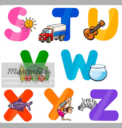 Cartoon Illustration of Funny Capital Letters Alphabet with Objects for Language and Vocabulary Education for Children from S to Z