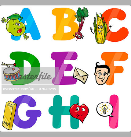 Cartoon Illustration of Funny Capital Letters Alphabet with Objects for Language and Vocabulary Education for Children from A to I