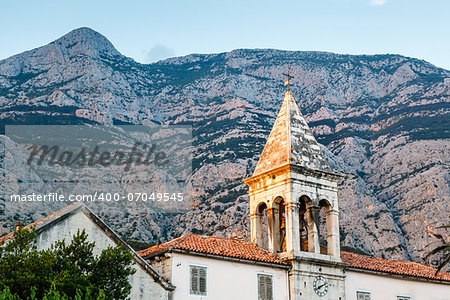 Medieval Bell Tower and Biokovo Mountains in the Background, Makarska, Croatia