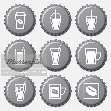 Coffee cup icon on bottle caps set, stock vector