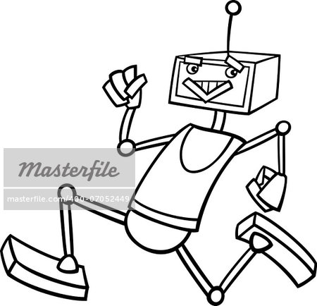 Black and White Cartoon Illustration of Funny Running Robot or Droid for Children to Coloring Book