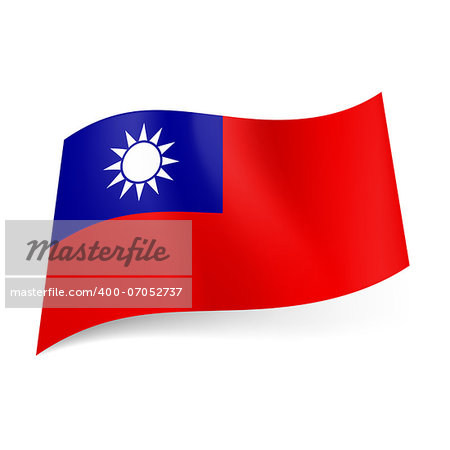 National flag of Taiwan, Republic of China: blue square with white sun in upper left corner of red field.