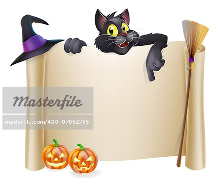 A Halloween scroll sign with a black cat character above the banner and pumpkins, witch's cats, hat and broomstick
