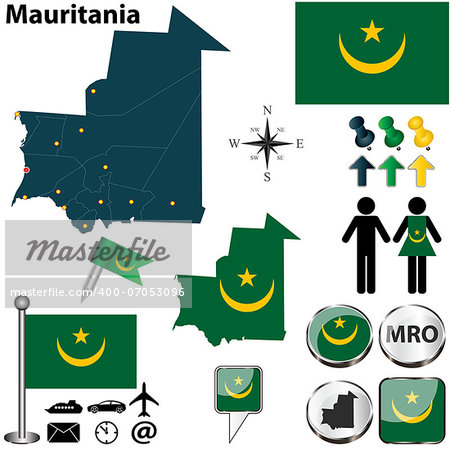 Vector of Mauritania set with detailed country shape with region borders, flags and icons