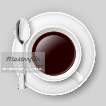 White cup of coffee with spoon on saucer. Illustration on grey.