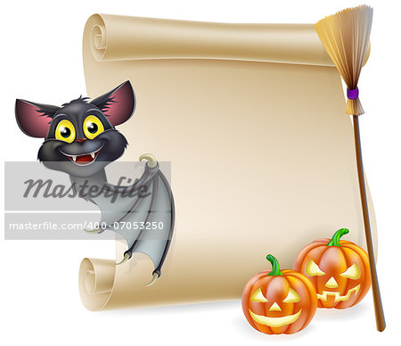 An illustration of a Halloween scroll with space for your message and witches cats and broomstick and cartoon bat