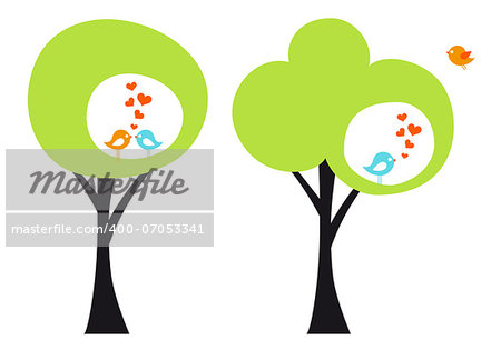 green tree with cute love birds, vector illustration