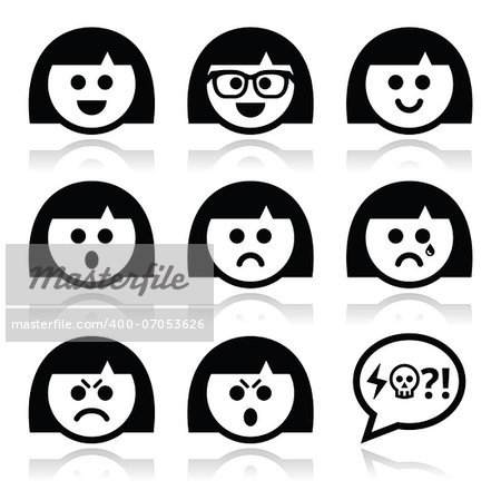 Collection of female faces - happy, sad, angry isolated on white